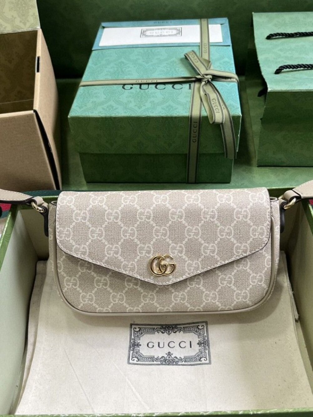 Gucci Ophidia Pochette White GG Canvas Crossbody-Beige